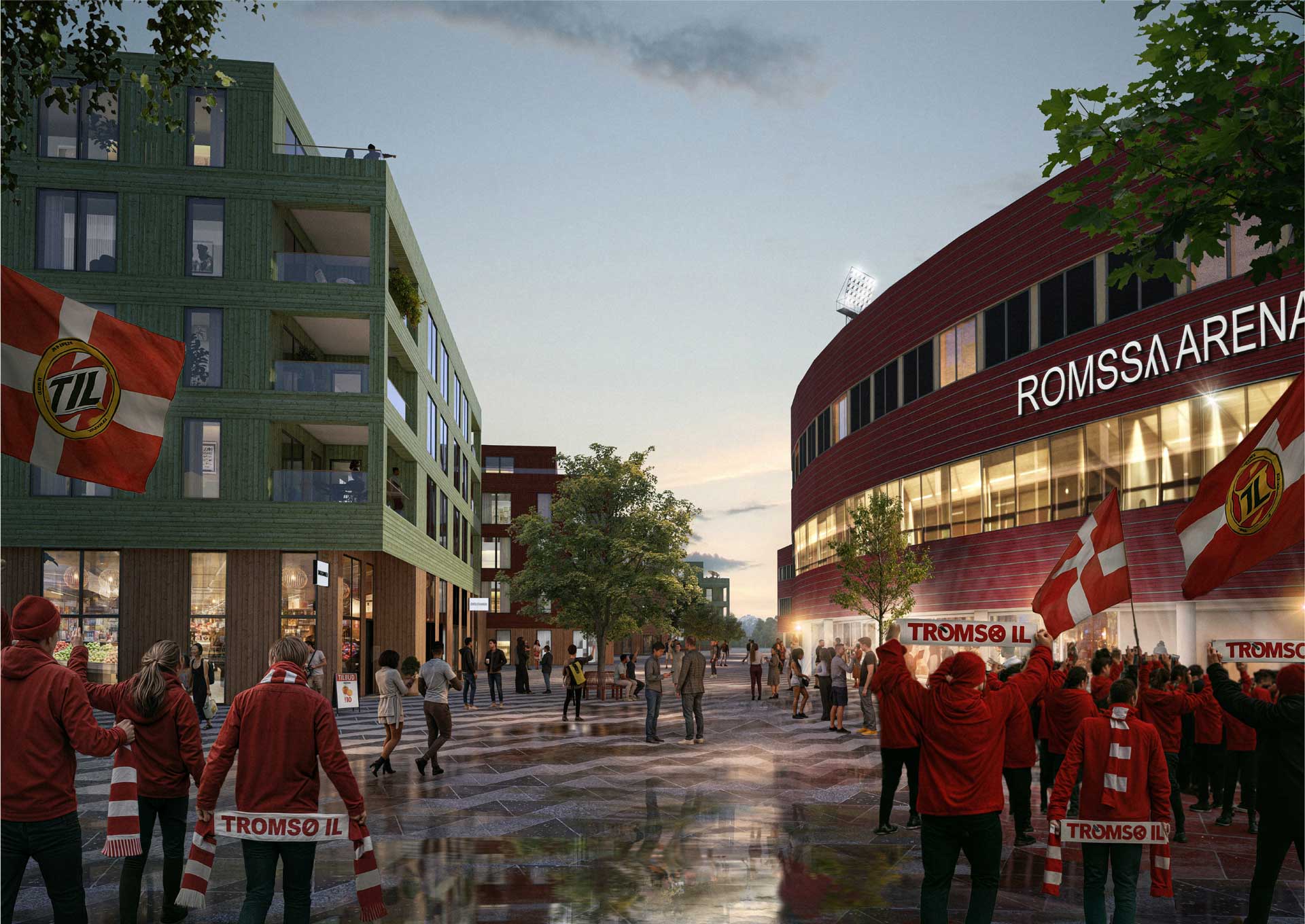 Illustrasjon av Alfheim på kampdag, med TIL-supportere, Romssa Arena og nye boligbygg i kveldslys.