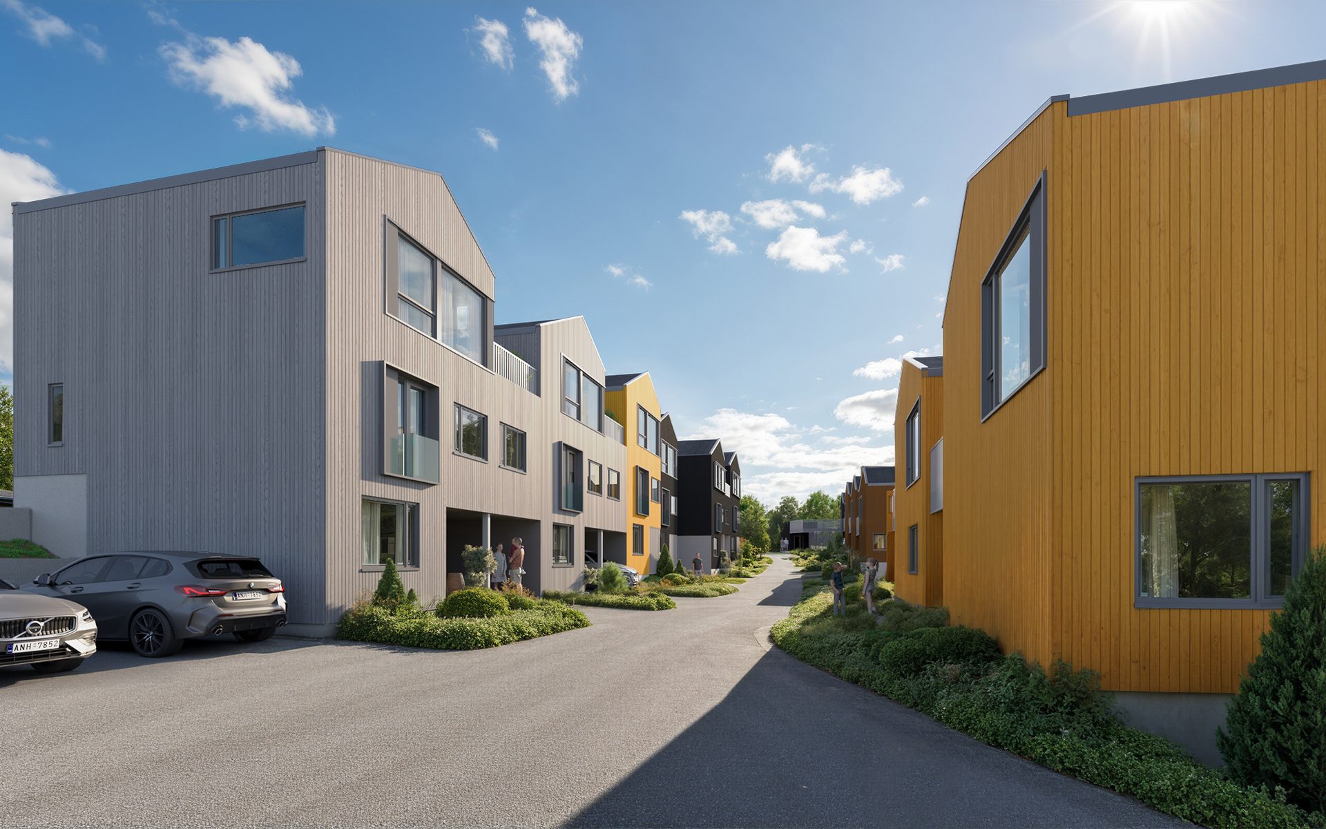 Fjærsteinen i Hamna, illustrasjon av kjedede eneboliger på en vestvendt tomt.