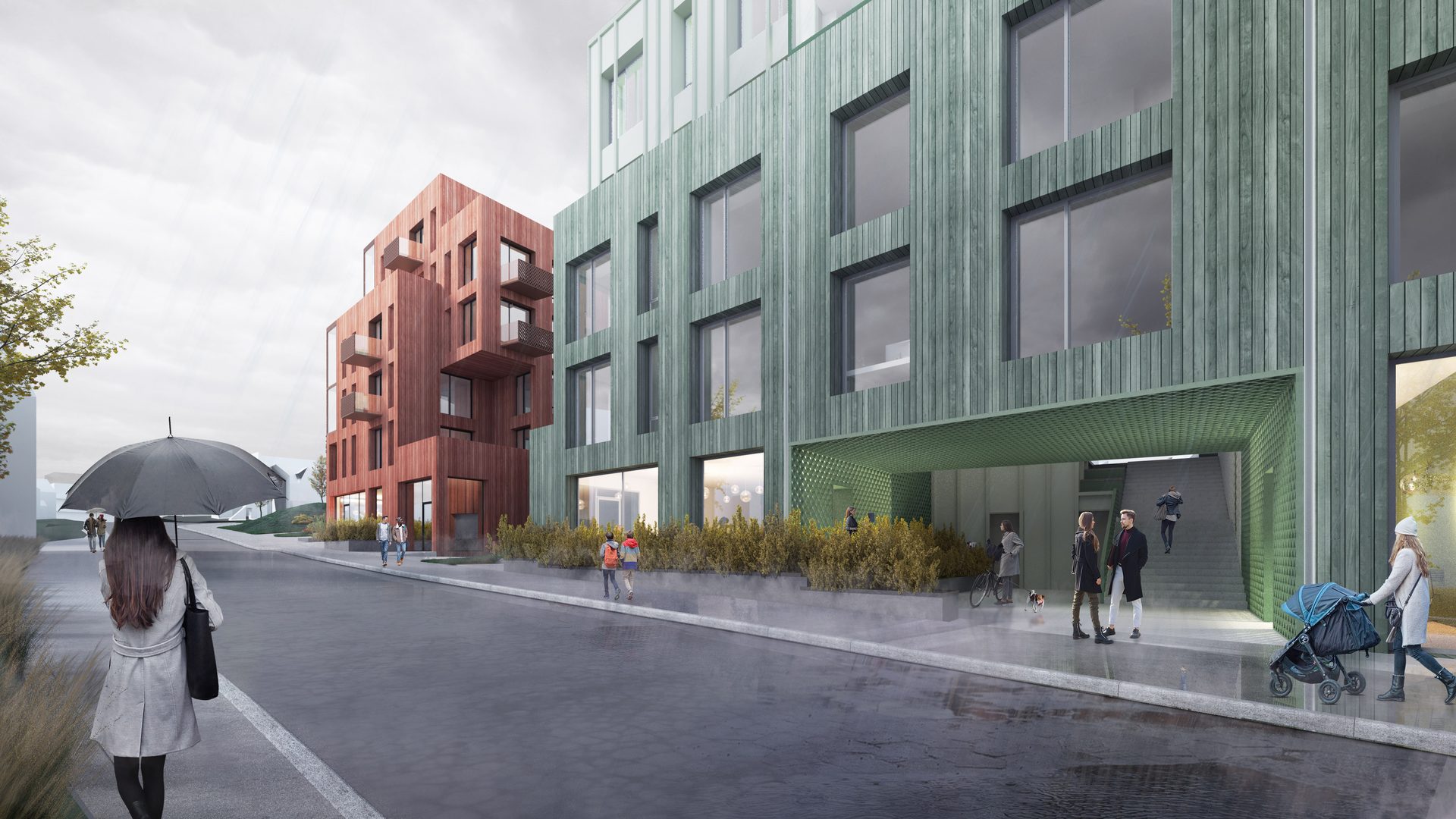 Jonas Lies gate 15, illustrasjon av et leilighetsbygg langs en byvei i Tromsø.