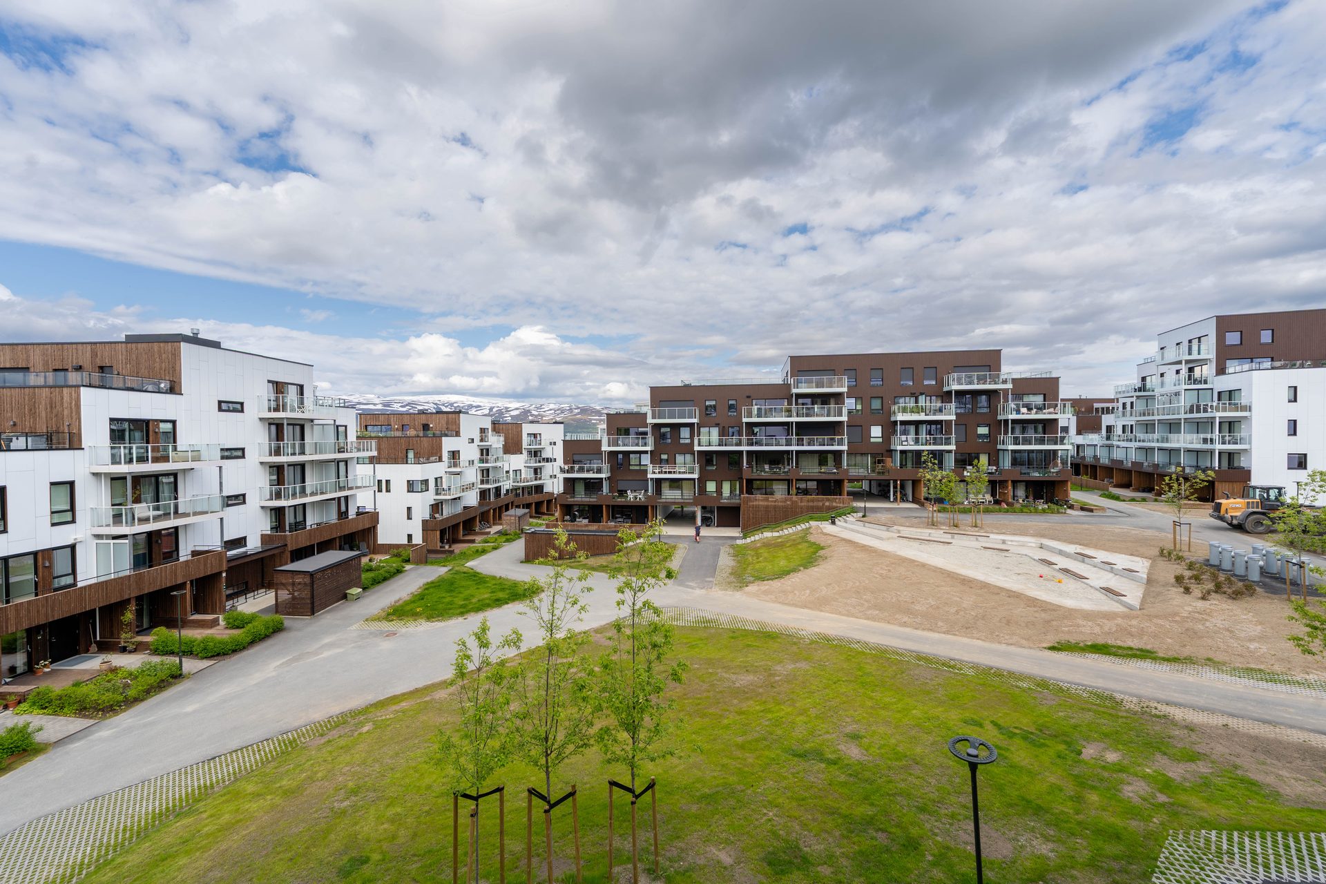 Norrøna Boligpark, ferdig utbygd boligområde på Tromsøya sett ovenfra.